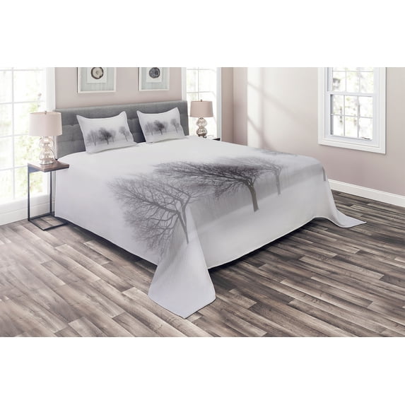 Ambesonne White Quilted Coverlet 3 Pcs, Misty Winter Scenery, King Size, Grey White