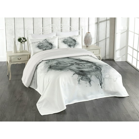 Ambesonne White Quilted Coverlet 3 Pcs, Smoky Skull Grungy Art, King Size, Grey White