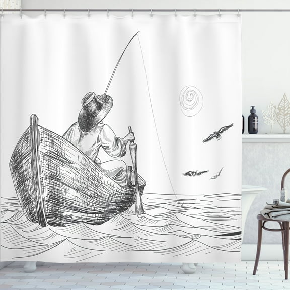 Ambesonne White Shower Curtain, Fisherman on Boat Sketch, 69"Wx75"L, Charcoal Grey White