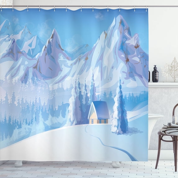 Ambesonne White Shower Curtain, Little House Mountains, 69"Wx84"L, Blue