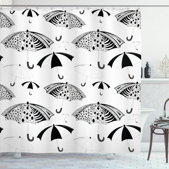 Ambesonne White Shower Curtain, Ornate Umbrellas, 69"Wx70"L, Black White