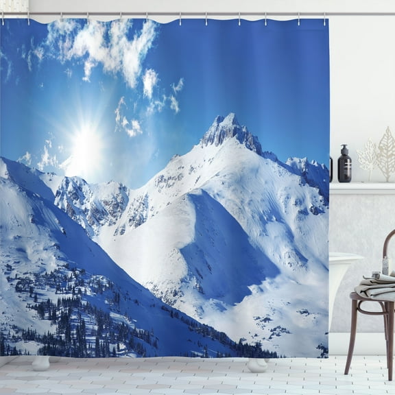Ambesonne White Shower Curtain, Sunrise at Mountain, 69"Wx70"L, White Blue