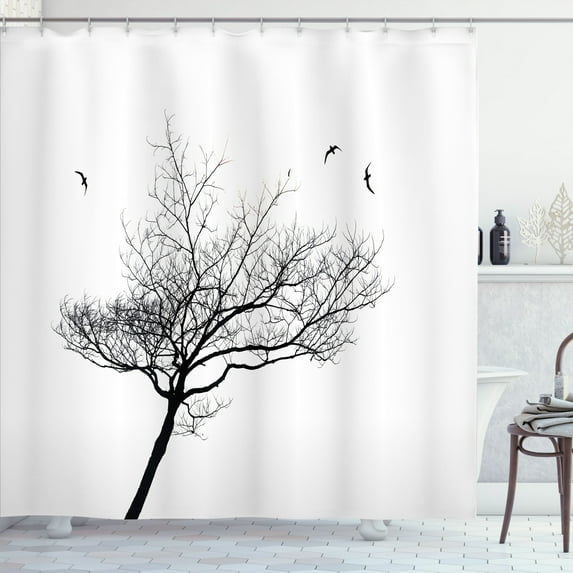 Ambesonne White Shower Curtain, Tree Flying Birds, 69"Wx84"L, Black White