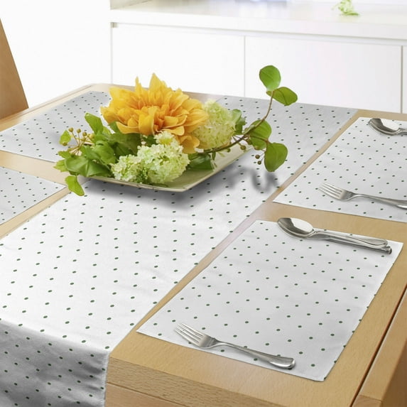 Ambesonne White Table Runner & Placemats, Vintage Green Polka Dots, Placemat 4 pcs + Runner 14"x72", Forest Green and White