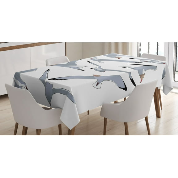 Ambesonne White Tablecloth Rectangular Table Cover, Flying Seagulls Cartoon, 60"x84", Black White