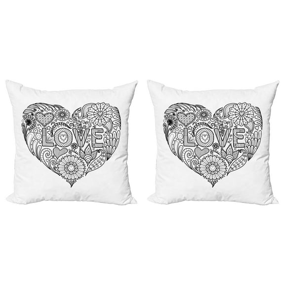 Ambesonne White Throw Pillow Cover 2 Pack, Love Uncolored Doodle Heart, 16", Charcoal Grey and White