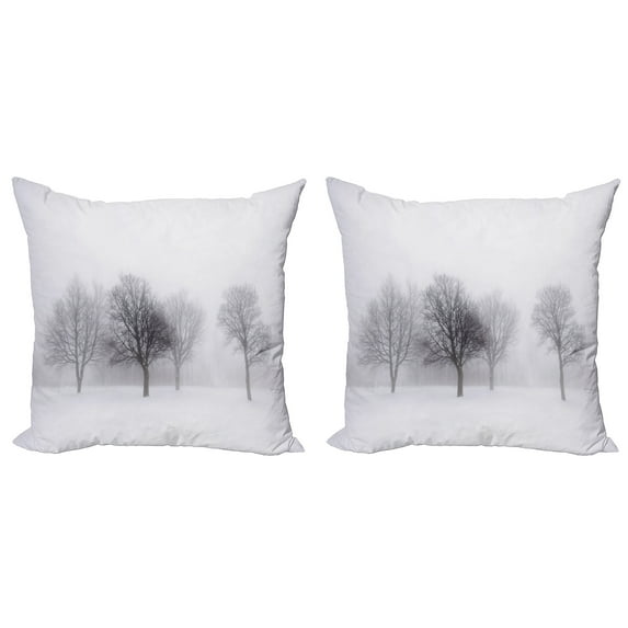Ambesonne White Throw Pillow Cover 2 Pack, Misty Winter Scenery, 18", Grey White