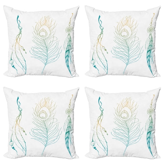 Ambesonne White Throw Pillow Cover 4 Pack, Feather Peacock Vintage, 20", Mint Green Yellow