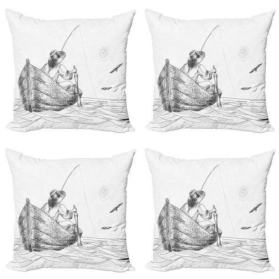 Ambesonne White Throw Pillow Cover 4 Pack, Fisherman on Boat Sketch, 16", Charcoal Grey White