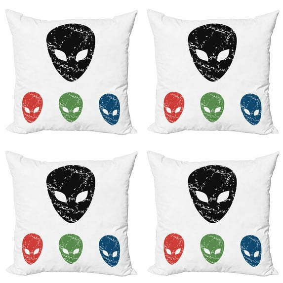 Ambesonne White Throw Pillow Cover 4 Pack, Grunge Alien Heads Art, 24", Red Green