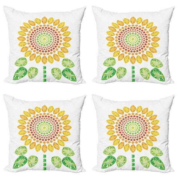 Ambesonne White Throw Pillow Cover 4 Pack, Sunflower Mandala Design, 20", Yellow White and Green