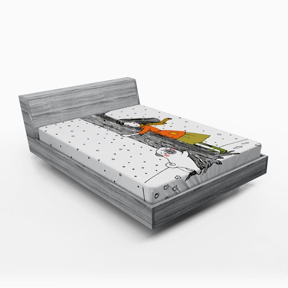 Ambesonne White and Black Fitted Sheet, Girl with Pug, Queen Size, White and Black