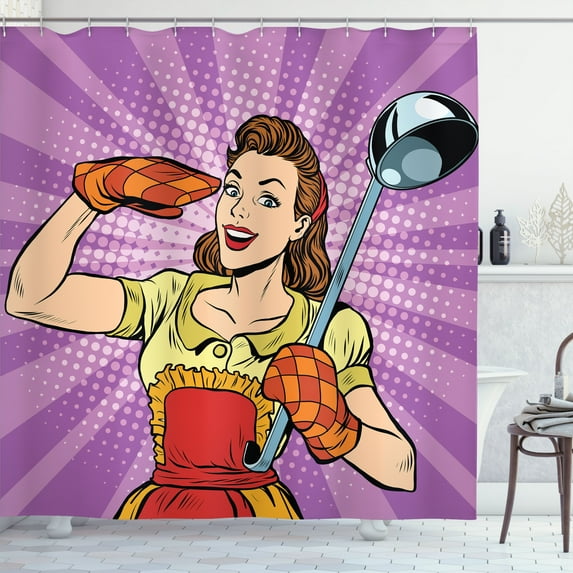 Ambesonne Wife Shower Curtain, Retro Housewife Cooking Dinner, 69"Wx84"L, Multicolor