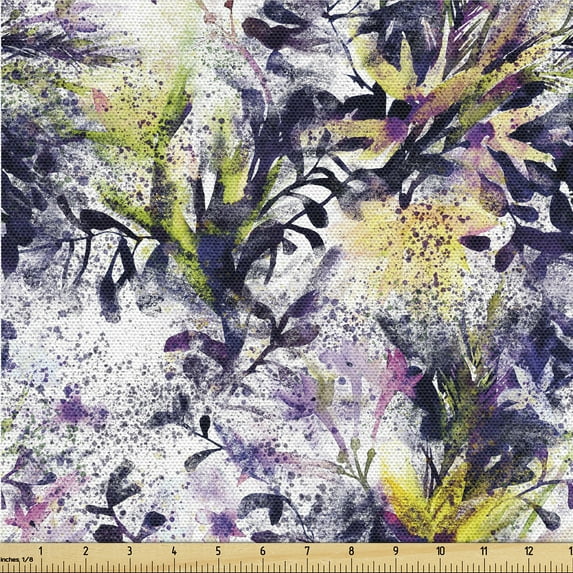 Ambesonne Wild Floral Fabric by the Yard Upholstery, Flowers Jungle Design, 10 Yards, Dark Indigo Yellow Green