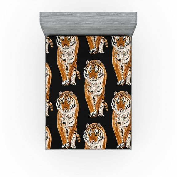Ambesonne Wild Life Fitted Sheet, Exotic Jungle Tiger Boho, King Size, Charcoal Grey Amber