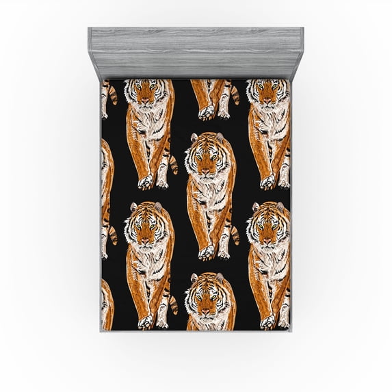 Ambesonne Wild Life Fitted Sheet, Exotic Jungle Tiger Boho, Queen Size, Charcoal Grey Amber