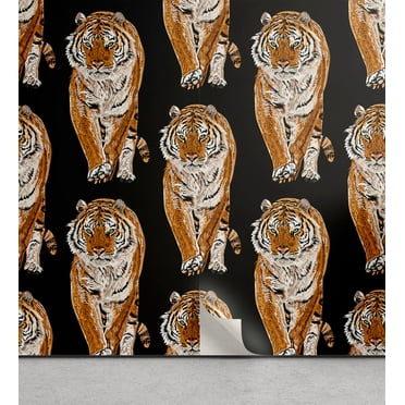 Ambesonne Wild Life Peel & Stick Wallpaper for Home, Exotic Jungle Tiger Boho, 13"x36", Charcoal Grey Amber