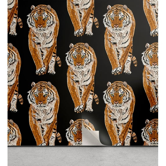 Ambesonne Wild Life Peel & Stick Wallpaper for Home, Exotic Jungle Tiger Boho, 13"x36", Charcoal Grey Amber