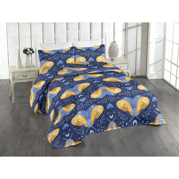 Ambesonne Wild Life Quilted Bedspread Set 3 Pcs, Celestial Moth Moon Leafy, King, Dark Lavender Mustard
