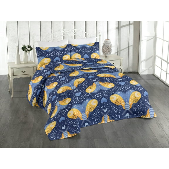 Ambesonne Wild Life Quilted Bedspread Set 3 Pcs, Celestial Moth Moon Leafy, Twin, Dark Lavender Mustard
