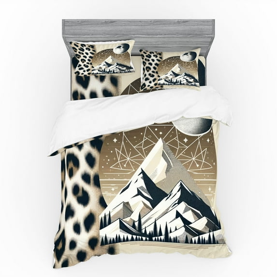 Ambesonne Wild Mountains Bedding Set 4 Pcs, Boho Night Leopard, Queen, Sepia Dark Blue Grey