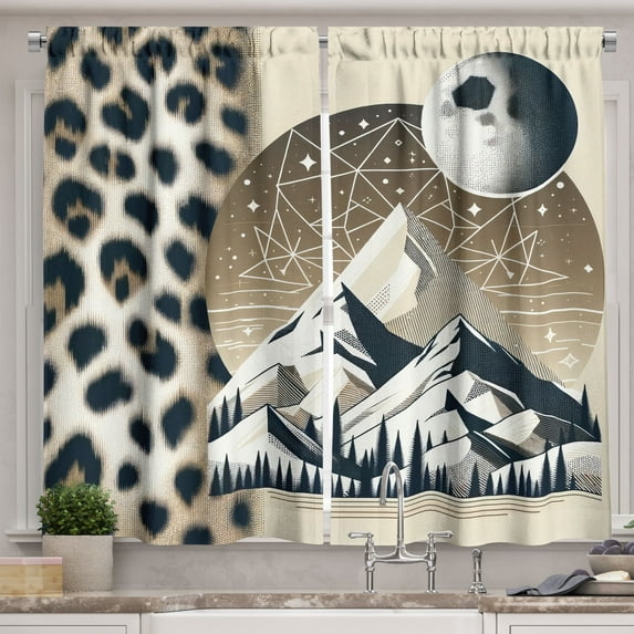Ambesonne Wild Mountains Kitchen Curtains, Boho Night Leopard, 55"x36", Sepia Dark Blue Grey