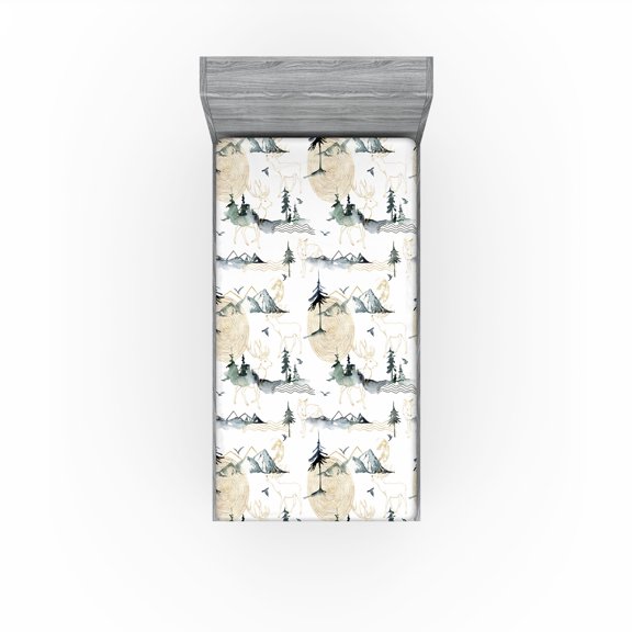 Ambesonne Wild Nature Fitted Sheet, Wolf and Deer Mountain, Twin Size, Amber White Pale Teal