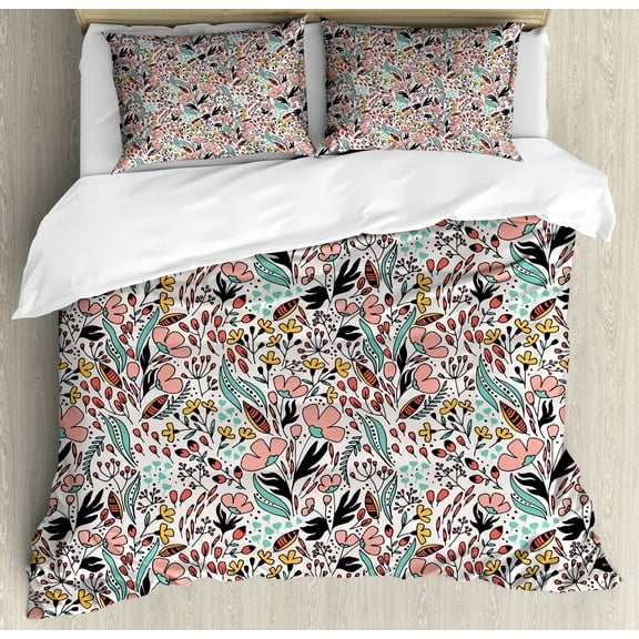 Ambesonne Wildflower Duvet Cover Set, Spring Buds Leaves Herbs, Calking, Blush Salmon