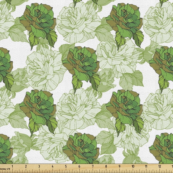 Ambesonne Wildflower Fabric by the Yard Upholstery, Natural Tones Rose Bloom, 2 Yards, White and Pale Green