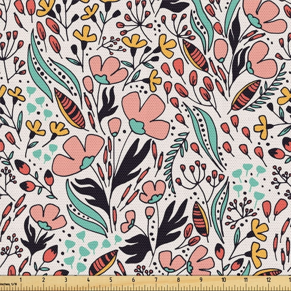 Ambesonne Wildflower Fabric by the Yard Upholstery, Spring Buds Leaves Herbs, 1 Yard, Blush Salmon