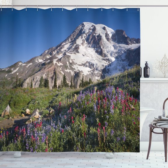 Ambesonne Wildflower Shower Curtain, Spring Mt. Rainier Photo, 69"Wx75"L, Olive Green Multicolor