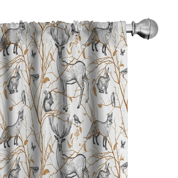 Ambesonne Wildlife Window Curtains, Deer Birds Fox Squirrel, Each 28" W x 84" L, Pale Coffee Grey and White