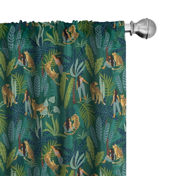 Ambesonne Wildlife Window Curtains, Character Jungle Leopard, Each 28" W x 95" L, Hunter Green Dark Teal
