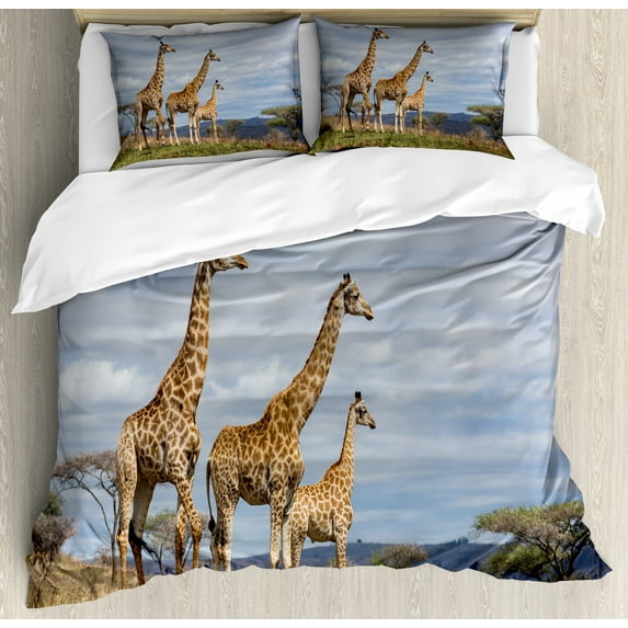 Ambesonne Wildlife Duvet Cover Set, Giraffe Family, Calking, Tan Blue