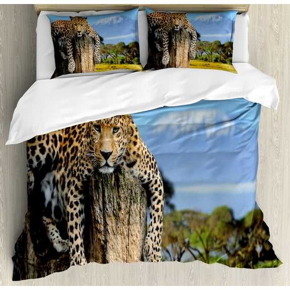Ambesonne Wildlife Duvet Cover Set, Leopard on a Tree, Calking, Tan Blue