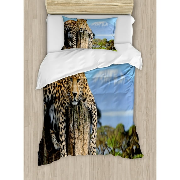 Ambesonne Wildlife Duvet Cover Sets, Leopard on a Tree, 2-Twin, Tan Blue