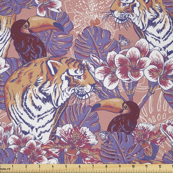 Ambesonne Wildlife Fabric by the Yard Microfiber, Toucans Tigers and Leaves, 1 Yard, Coral Ceil Blue
