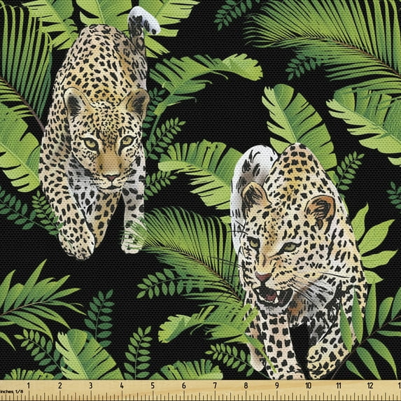Ambesonne Wildlife Fabric by the Yard Upholstery, Wild Leopards Palm Leaves, 1 Yard, Charcoal Grey Brown