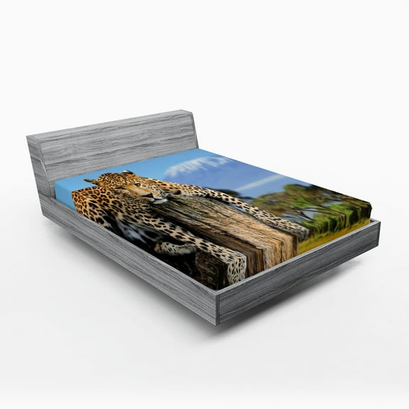 Ambesonne Wildlife Fitted Sheet, Leopard on a Tree, Full Size, Tan Blue