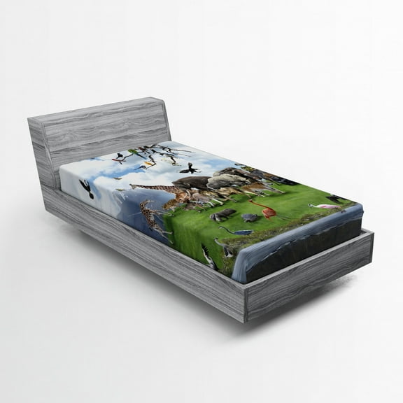 Ambesonne Wildlife Fitted Sheet, Tropic Animal Collage, Twin XL Size, Multicolor