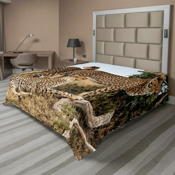 Ambesonne Wildlife Flat Sheet, Savannah Animal Cheetahs, Queen Size, Black Tan