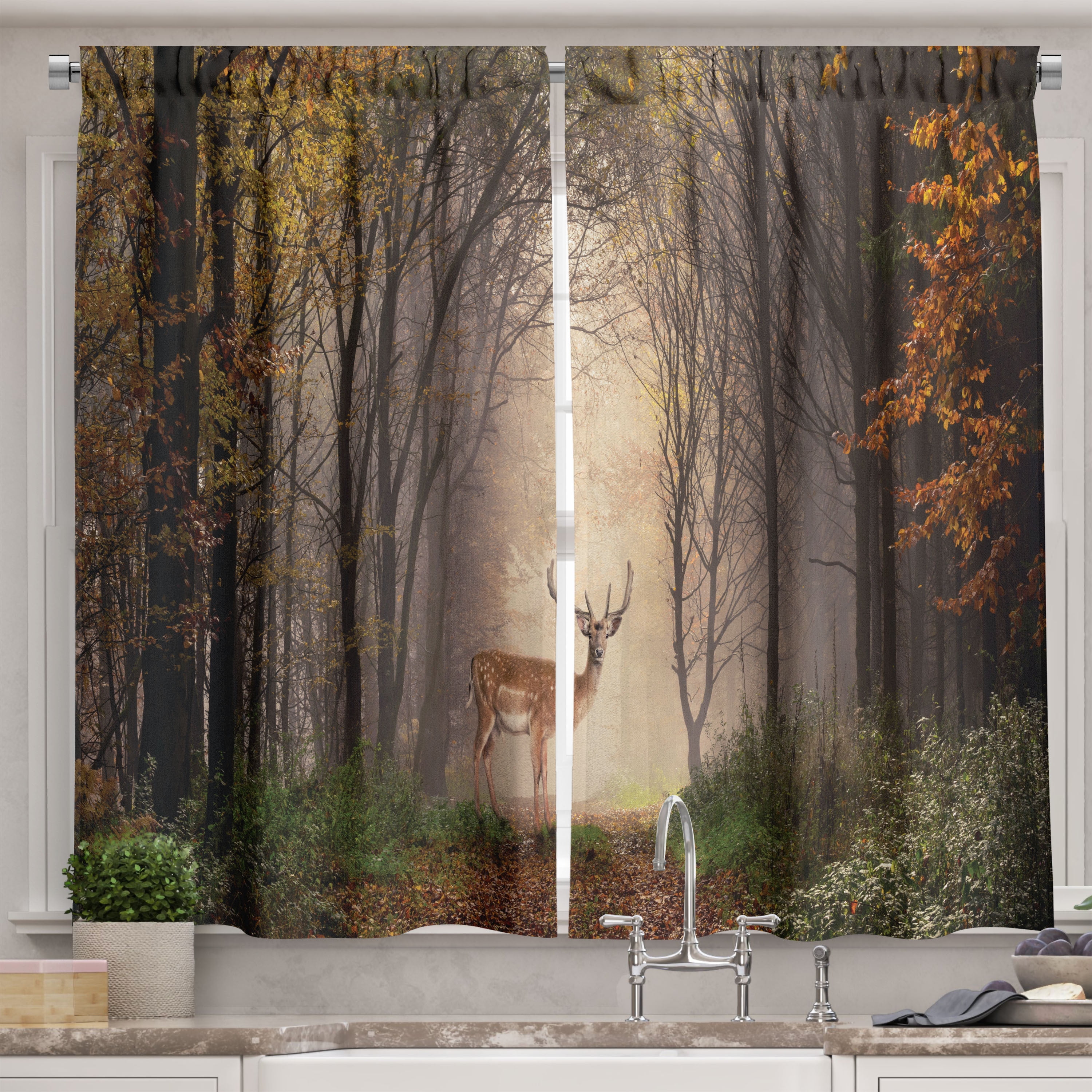 Ambesonne Wildlife Kitchen Curtains, Deer Forest, 55"x39", Multicolor