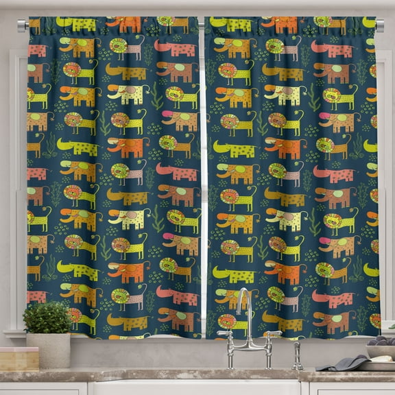 Ambesonne Wildlife Kitchen Curtains, Whimsical Woodland Animals, 55"x36", Multicolor
