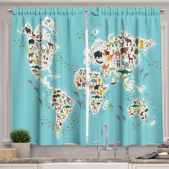Ambesonne Wildlife Kitchen Curtains, World Map Local Animal, 55"x39", Multicolor