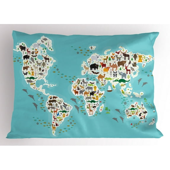 Ambesonne Wildlife Pillow Sham, World Map Local Animal, 36" X 20", Multicolor