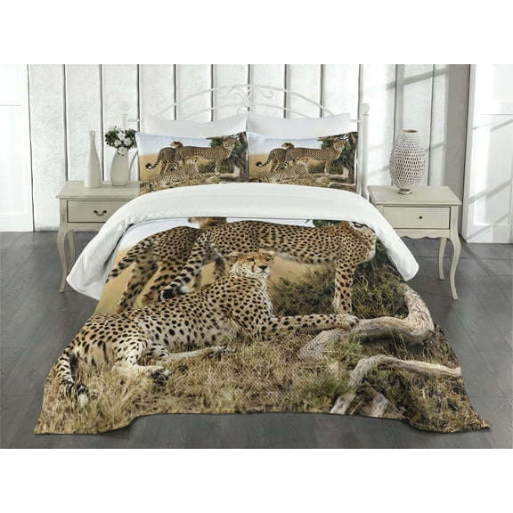 Ambesonne Wildlife Quilted Bedspread Set 3 Pcs, Savannah Animal Cheetahs, King Size, Black Tan