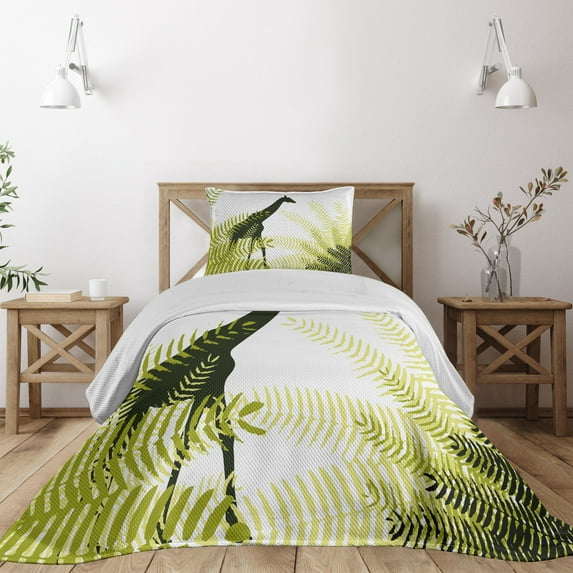 Ambesonne Wildlife Quilted Coverlet 2 Pcs, National Park Giraffe, Twin Size, Pale Green Dark Green