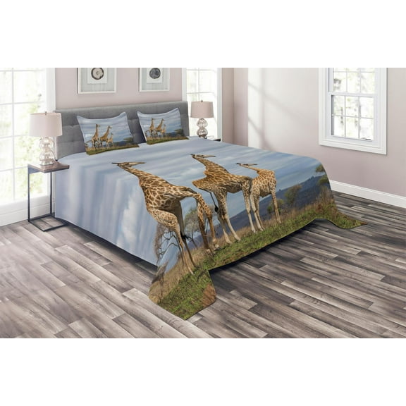Ambesonne Wildlife Quilted Coverlet 3 Pcs, Giraffe Family, Queen Size, Tan Blue