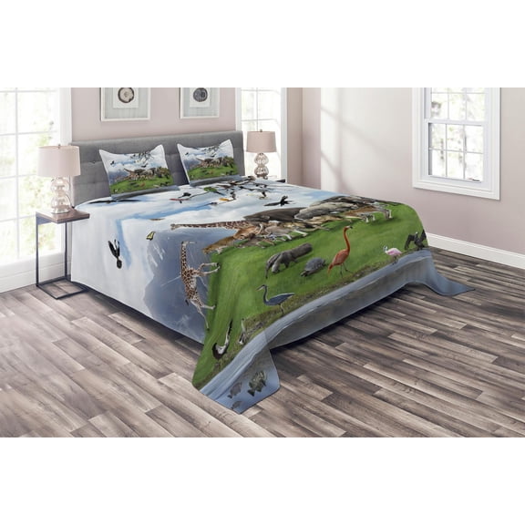 Ambesonne Wildlife Quilted Coverlet 3 Pcs, Tropic Animal Collage, King Size, Multicolor