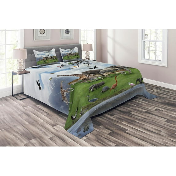 Ambesonne Wildlife Quilted Coverlet 3 Pcs, Tropic Animal Collage, Queen Size, Multicolor
